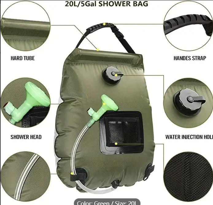 5 Gallon Solar Heated Camping Shower Bag – Portable Bath Bag with Removable Hose & Switchable Shower Head, Perfect for Outdoor