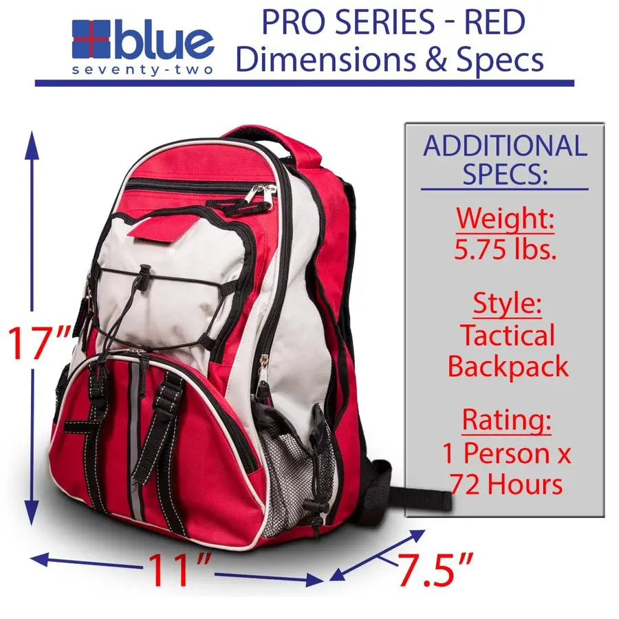 SeventyTwo Pro Series Red Deluxe 72 Hour Emergency Backpack Survival Kit for 1 Person Survival Kit for Emergencies Includes Wate