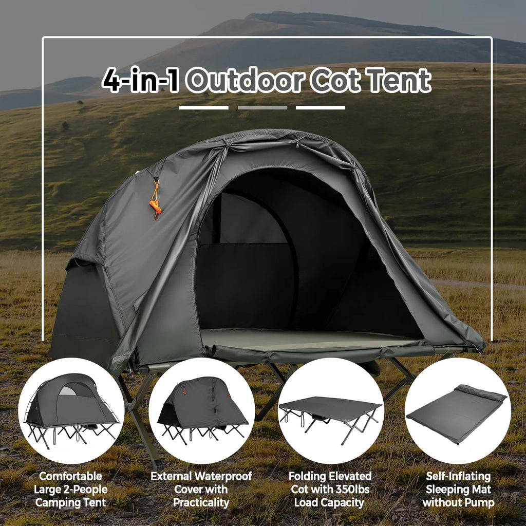 Outdoor 2-Person Camping Tent Cot Compact Elevated Tent Set W/ External Cover