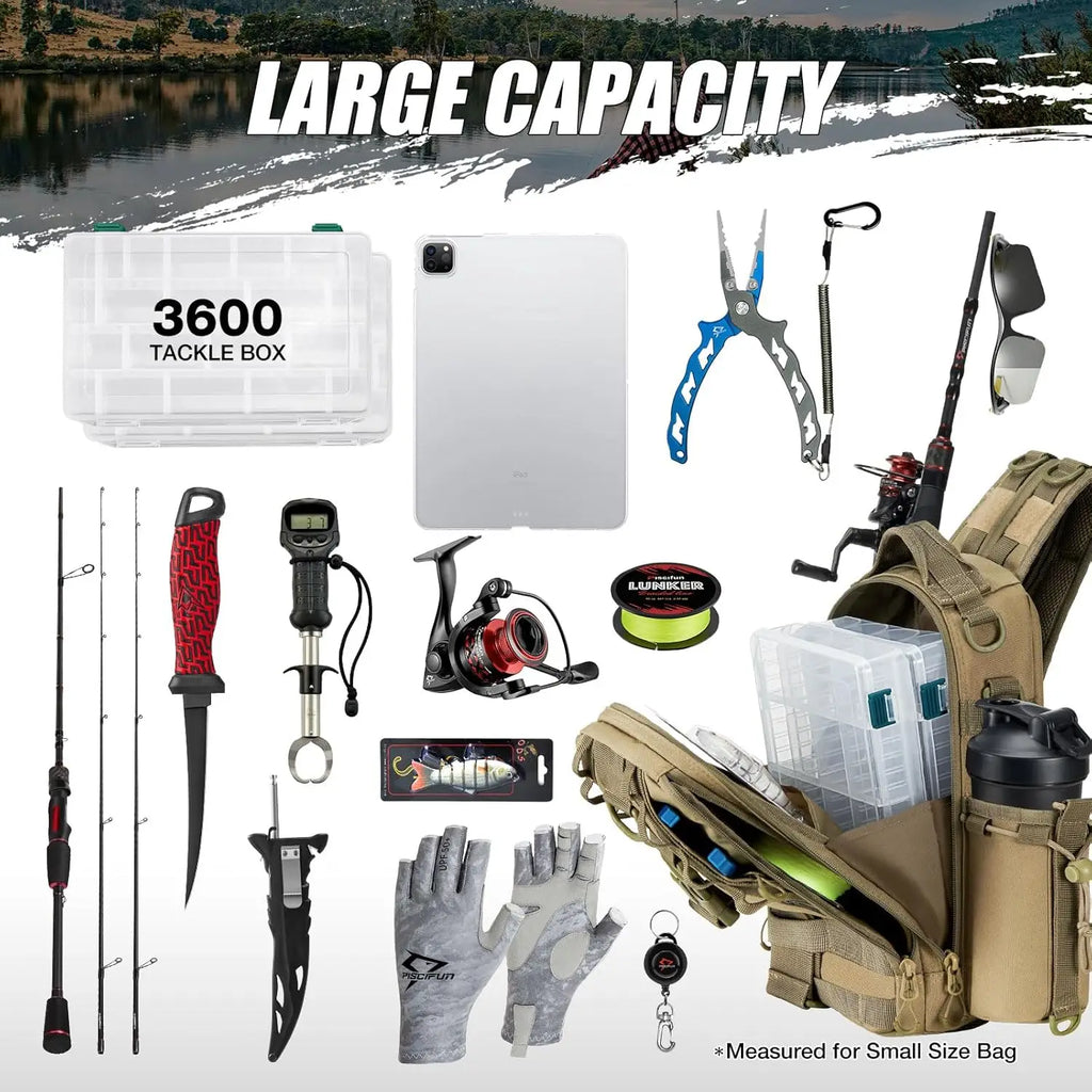 PiscifunFishing Tackle Backpack with Rod & Gear Holder, Lightweight Outdoor Water-Resistant Fishing Shoulder Storage Bag