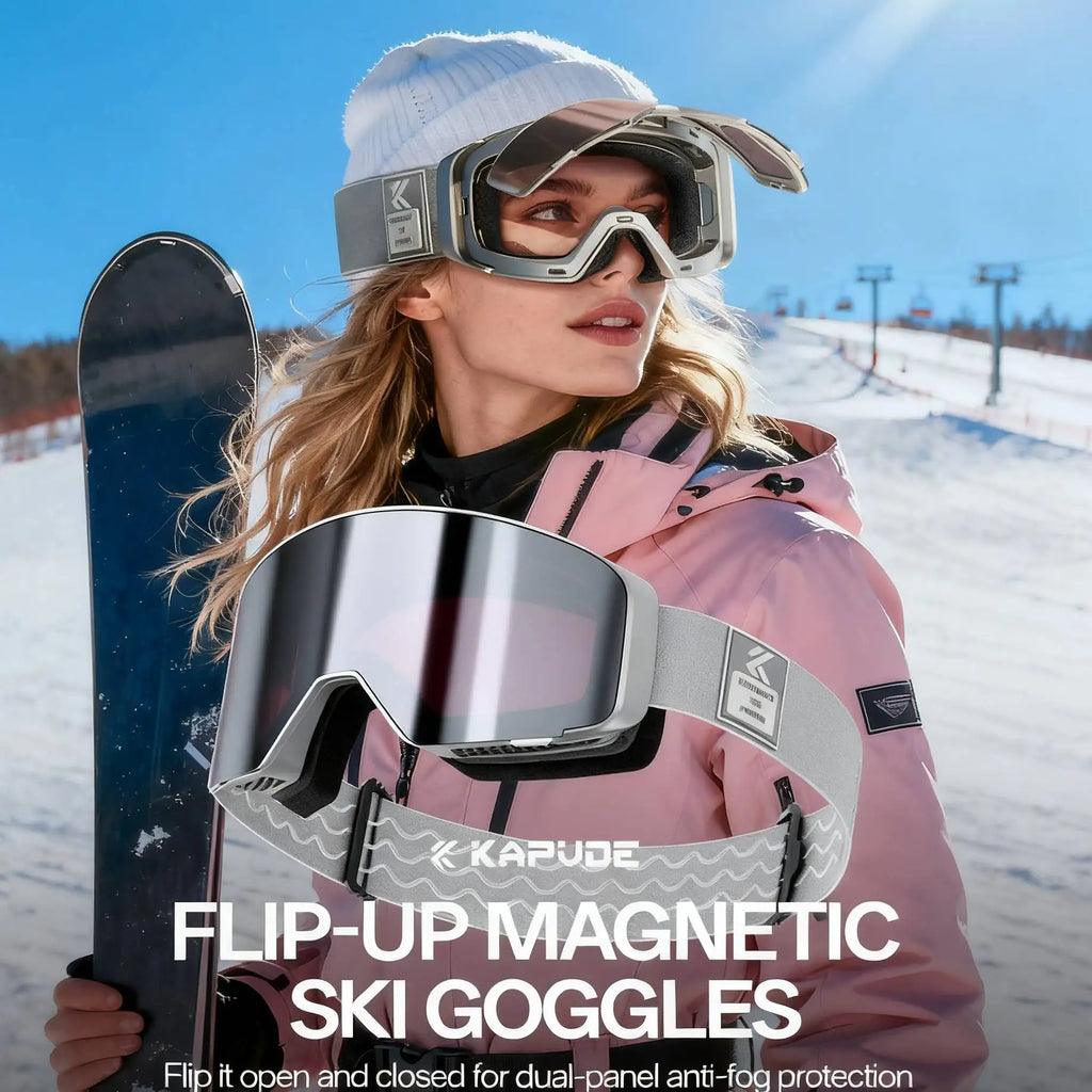 Kapvoe Flip Over Magnetic Snow Goggles Photochromic Ski Men Snowmobile Anti-Fog Snowboard Goggles Women Ski Equipment UV400
