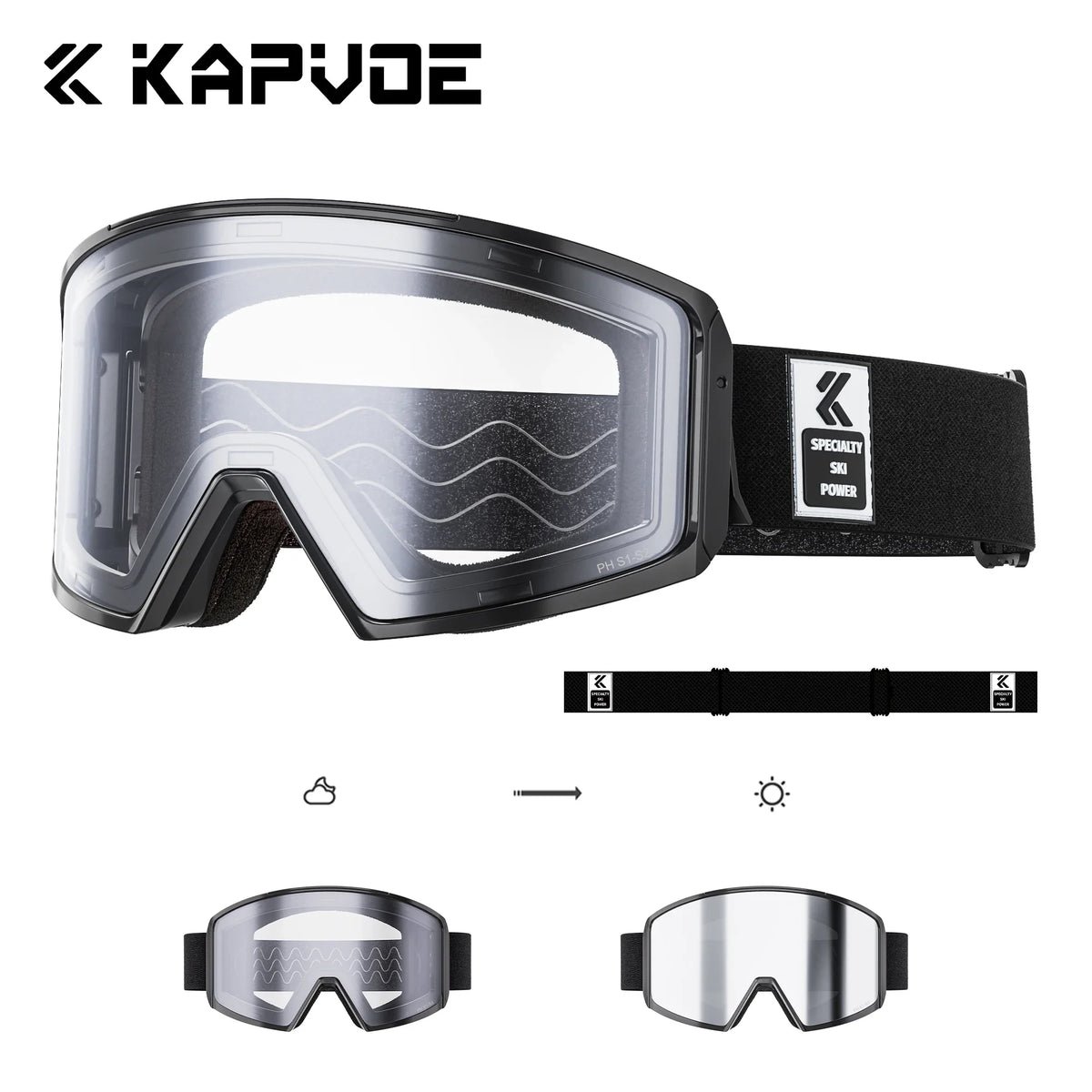 Kapvoe UV400 HD Photochromic Snow Ski Goggles Snowboarding Skiing Mask Men Women Anti-Fog Lens Kit Protection Snowmobile Glasses
