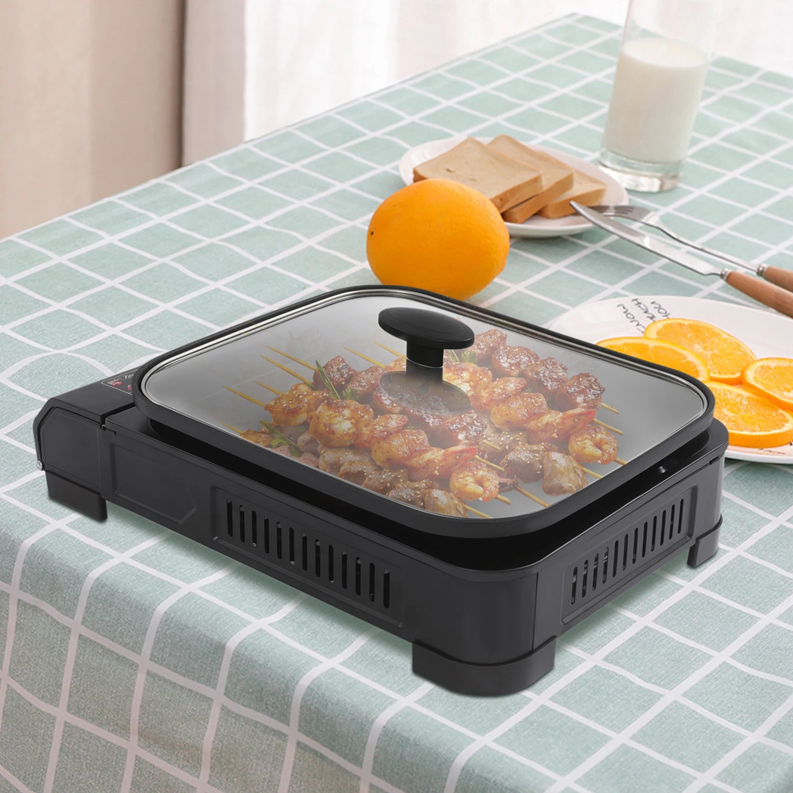 2.1KW Portable Camping Grill Gas Stove Butane Gas Stove W/Grill Pan Lid for Camping Traveling Trekking 17.71*12*3.34in