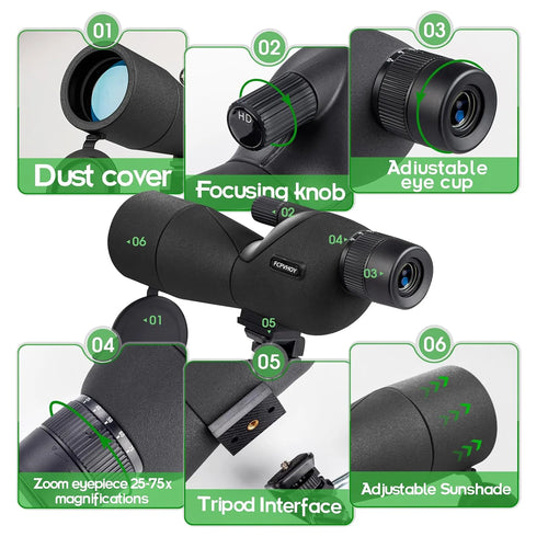 25-75x60 Spotting Scopes for Target Shooting with Tripod Carrying Bag Phone Adapter Straight Spotter Scope Monocular Telescope f