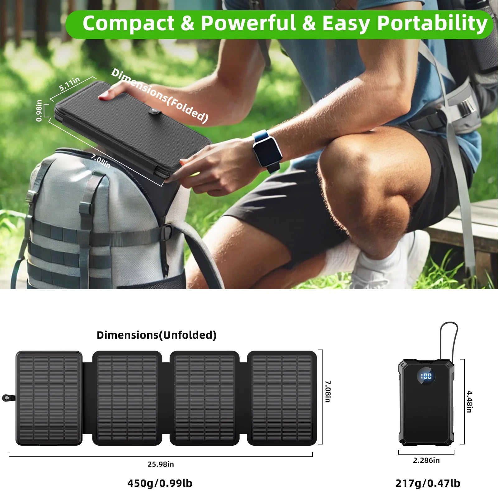 15W Magnetic Wireless 10000mAh Solar Power Bank/Detachable Quad Panel,3x Type-C+USB 14W Fast Charge Suitable for outdoor camping