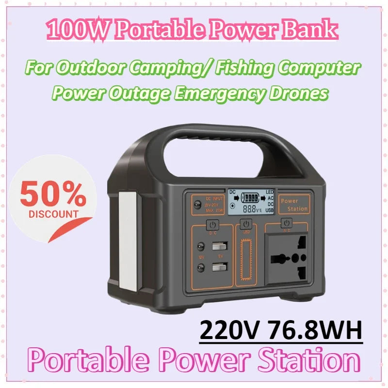 220V 76.8WH Portable Power Station 100W Solar Generator Emergency Power Bank First Aid Home Camping Computer Solar Charging