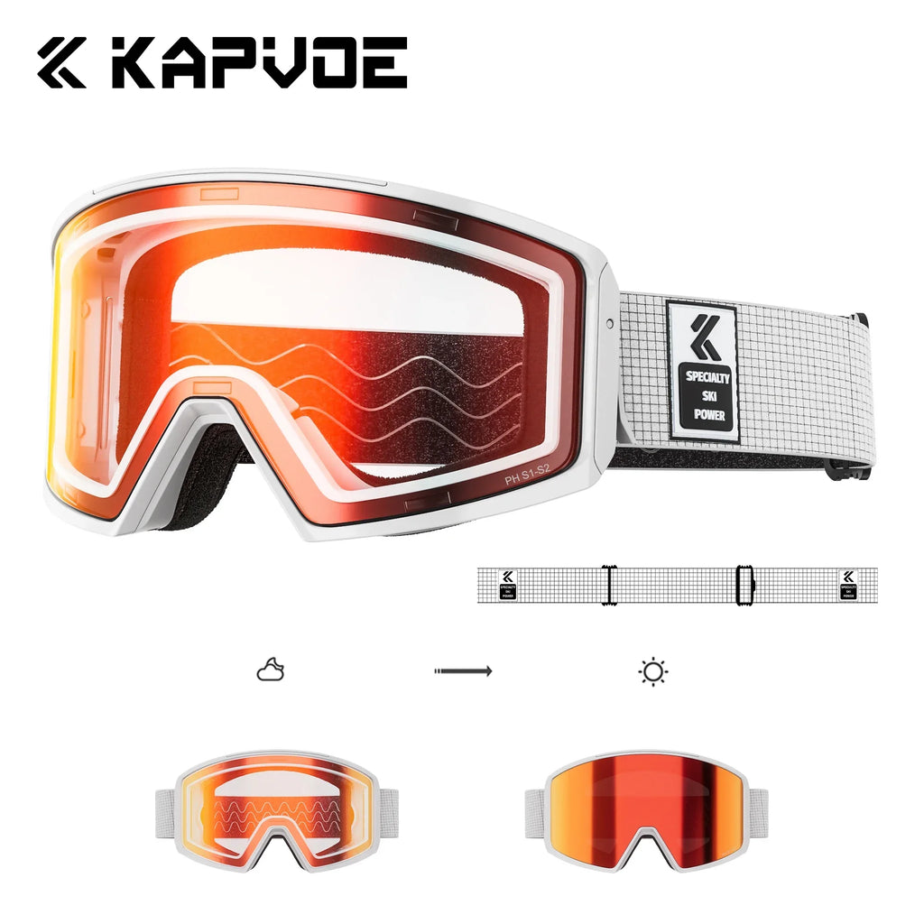 Kapvoe UV400 HD Photochromic Snow Ski Goggles Snowboarding Skiing Mask Men Women Anti-Fog Lens Kit Protection Snowmobile Glasses