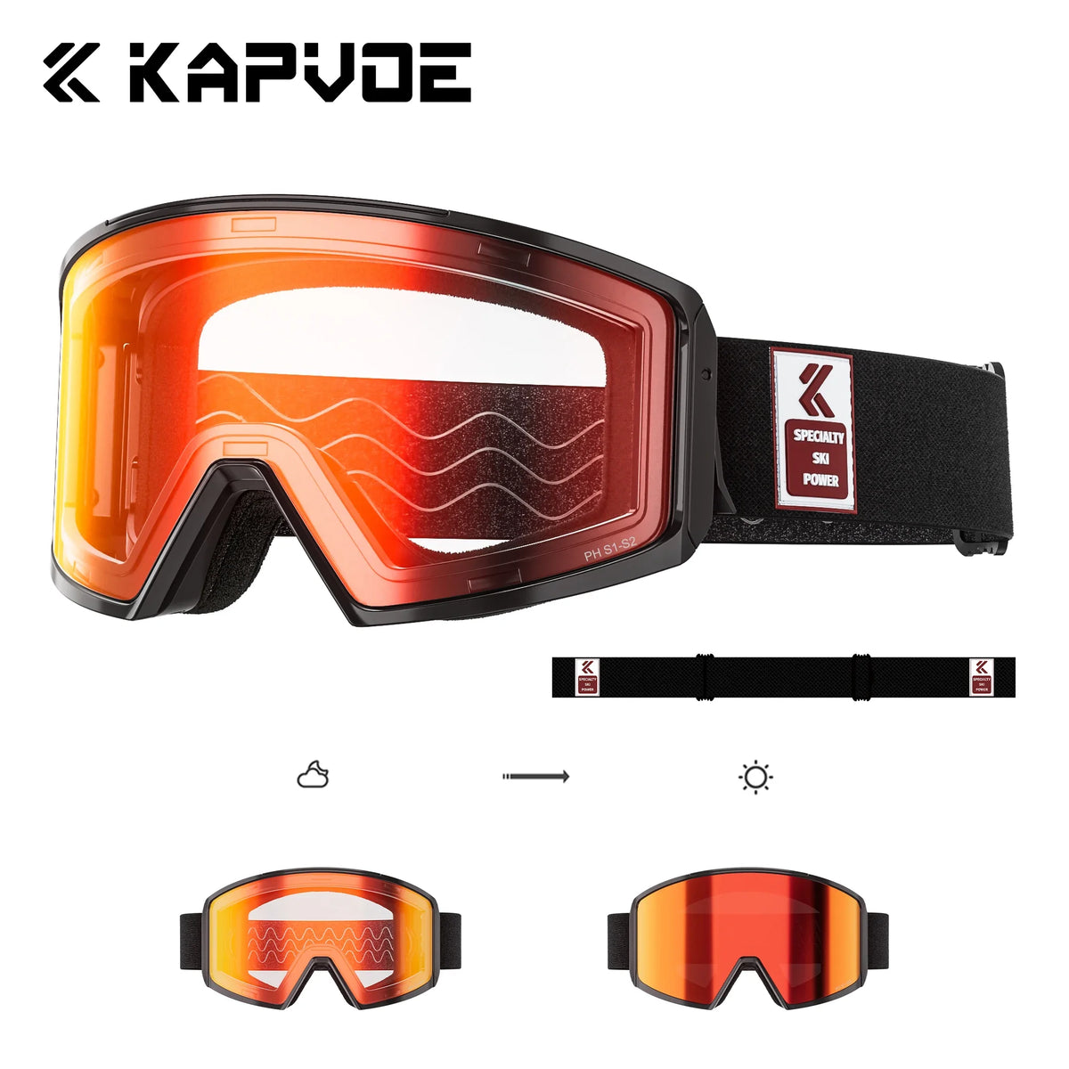Kapvoe UV400 HD Photochromic Snow Ski Goggles Snowboarding Skiing Mask Men Women Anti-Fog Lens Kit Protection Snowmobile Glasses