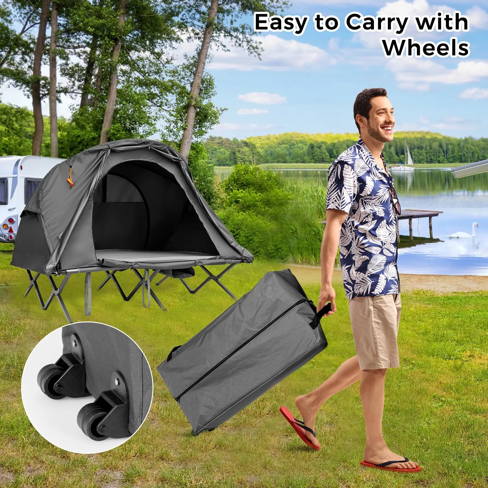 Outdoor 2-Person Camping Tent Cot Compact Elevated Tent Set W/ External Cover