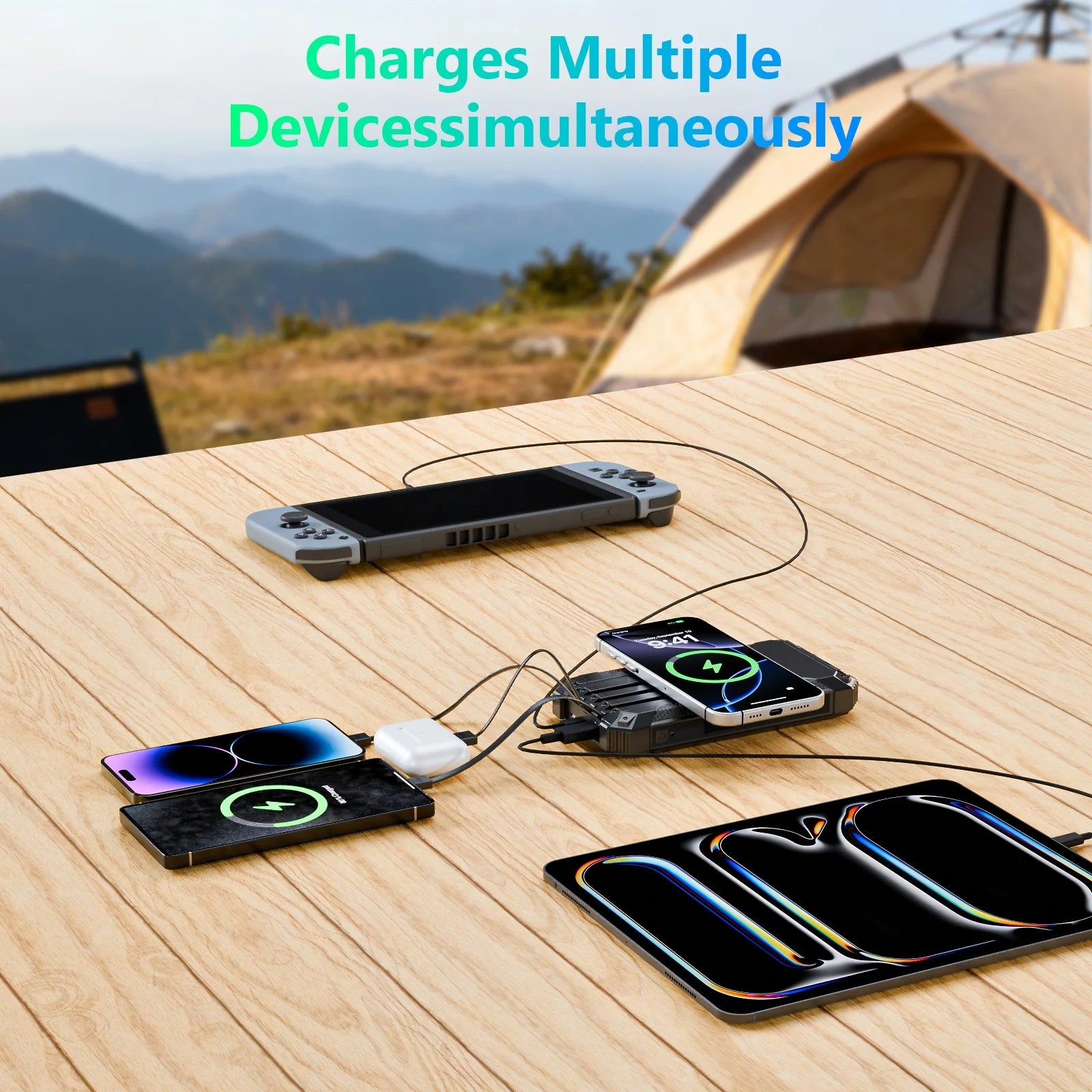 20000mAh Portable Solar Power Bank Wireless Charging 18W Dual LED Lights 4 Built-in Charging for iPhone Android Phones AirPods