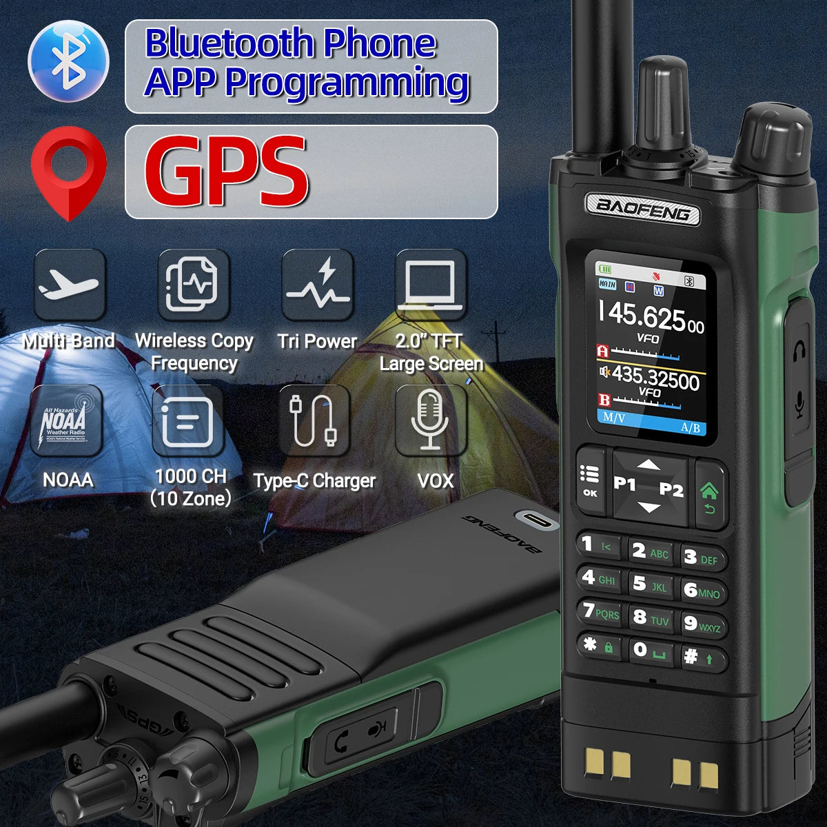 BAOFENG UV-32 10W Walkie Talkie Multi Band GPS Bluetooth Phone APP Programming Type-C NOAA for UV-5R Amateur Ham Two Way Radio