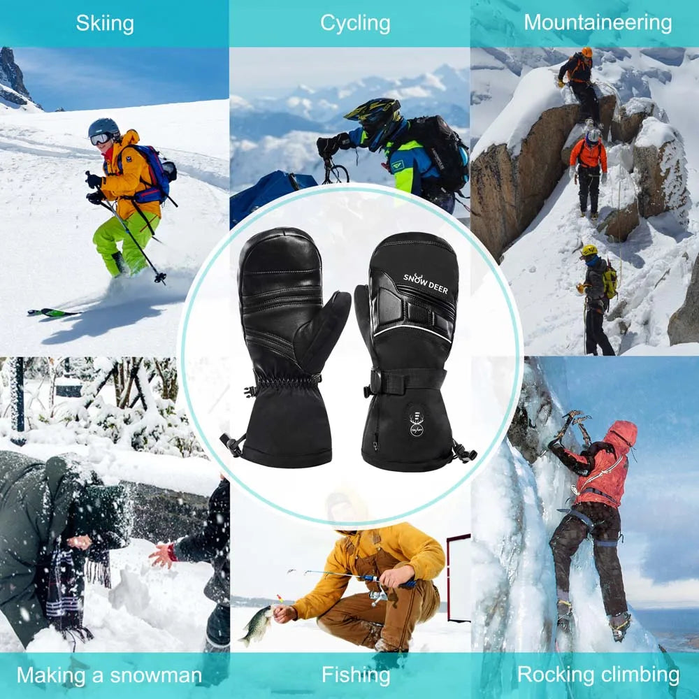 Rechargeable Electric Heated Skiing Gloves Leather Heating Gloves With Battery Winter Mittens