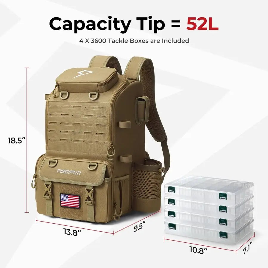 52L Fishing Tackle Backpack with Rod Holders amp 4 Tackle Boxes, Large Tackle Bag for Gear Storage with Rain Cover
