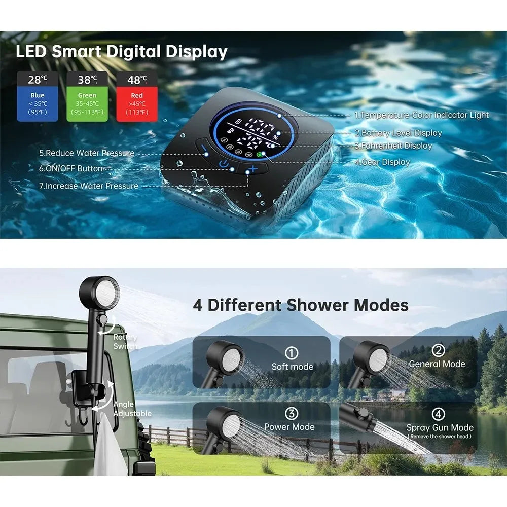 Portable Camping Shower 8000mAh Rechargeable Pump