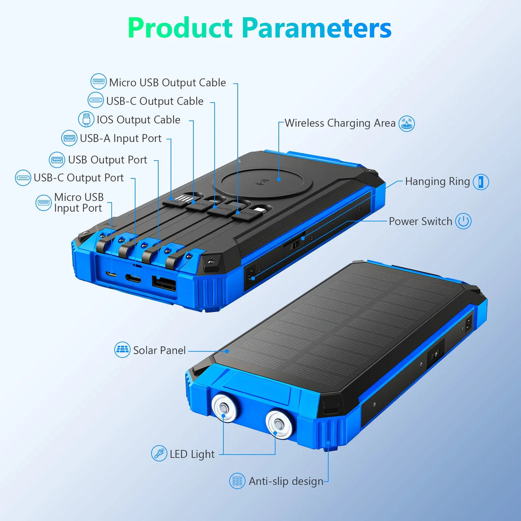 20000mAh Portable Solar Power Bank Wireless Charging 18W Dual LED Lights 4 Built-in Charging for iPhone Android Phones AirPods