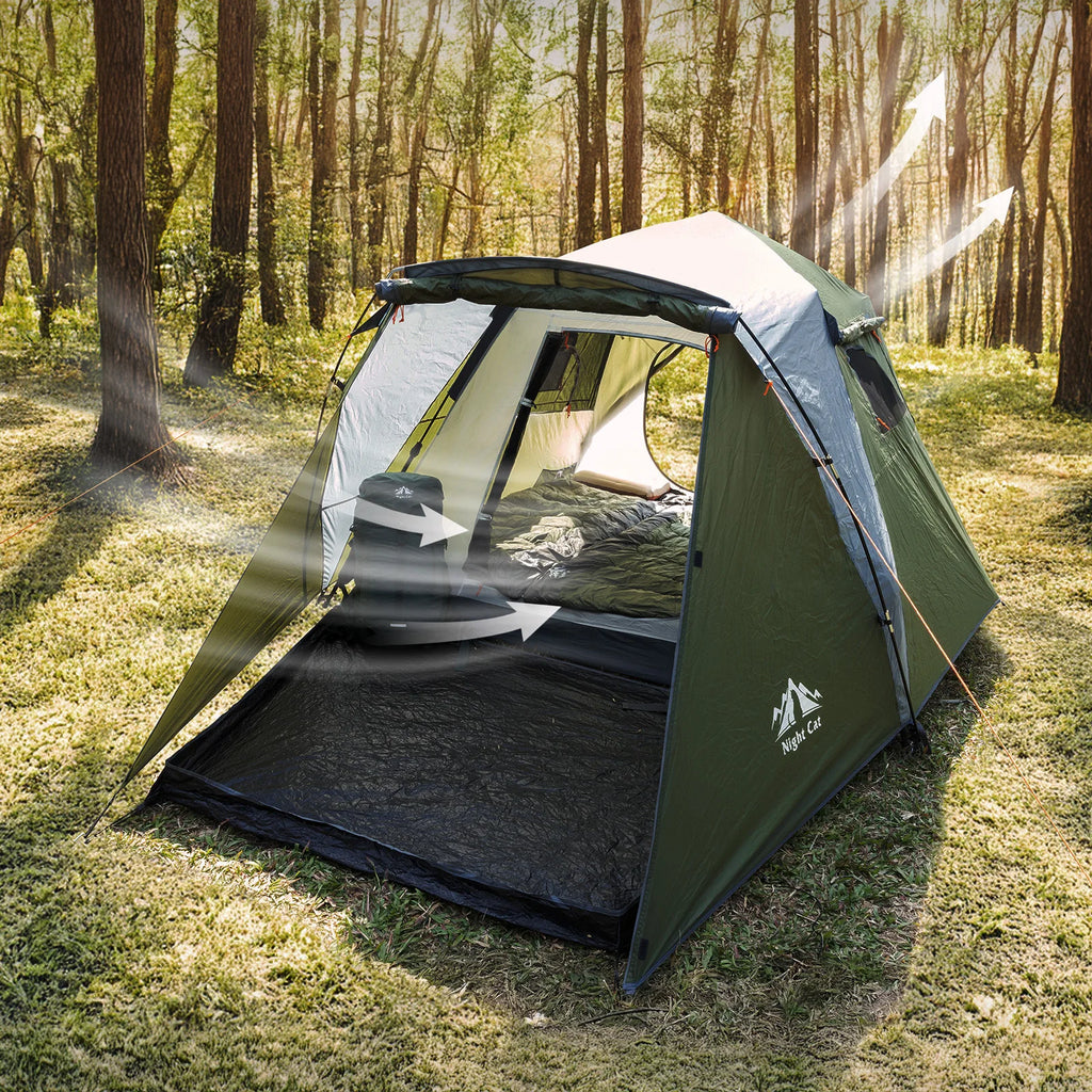 Night Cat Cabin Tent with Vestibule: 3 Persons Pop Up Camping Tent Double Layers Easy Quick Setup Waterproof