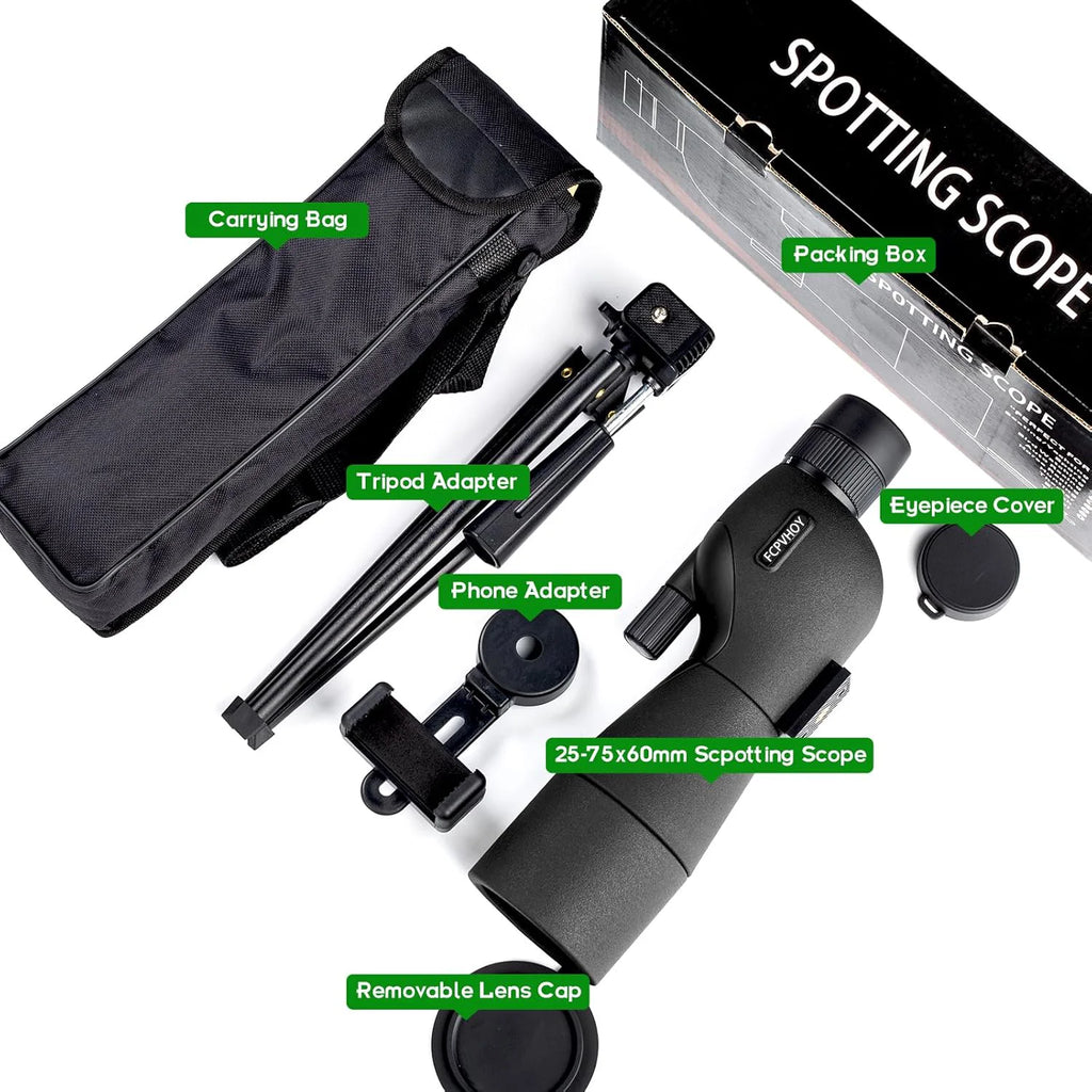 25-75x60 Spotting Scopes for Target Shooting with Tripod Carrying Bag Phone Adapter Straight Spotter Scope Monocular Telescope f