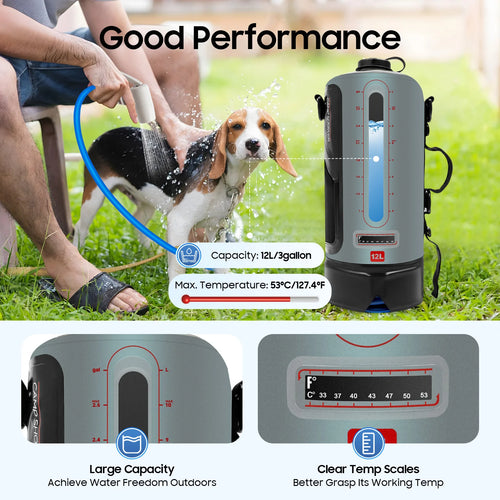 12L Camping Shower Solar Shower Garden Shower with Pump, Removable Hose Shower Bag for Hiking, Outdoor, Climbing, 3 Gallons