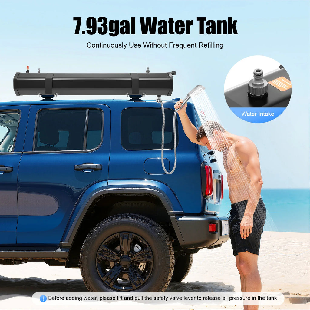  30L Roof Mounted Road Shower Car Shower Water Tank Portable Outdoor Rinse with Hose for Post-Surf & Camping Use