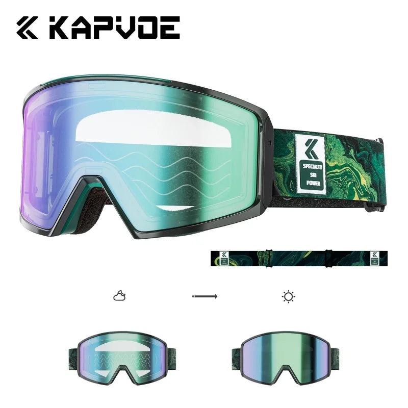 Kapvoe UV400 HD Photochromic Snow Ski Goggles Snowboarding Skiing Mask Men Women Anti-Fog Lens Kit Protection Snowmobile Glasses